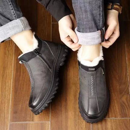 Men's Winter Casual Shoes Thickened Fleece Lined Waterproof Leather Surface Warm Wear Resistant Work Shoes Slip on round Toe