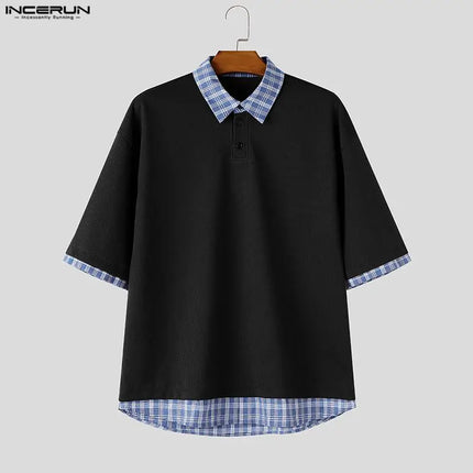 INCERUN Men's Shirt Plaid Patchwork Lapel Short Sleeve Casual Men Clothes Summer Streetwear Loose Korean Style Shirts For Man
