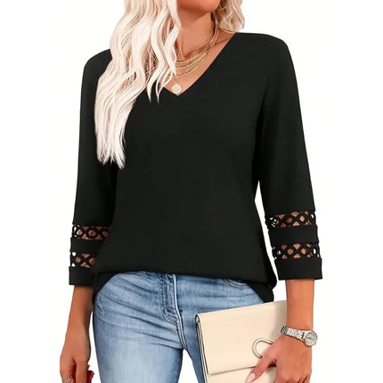 Plus Size New Women's Solid 3/4 Sleeve Hollow Out V-Neck Blouse Tops Ladies Casual Holiday Pullover