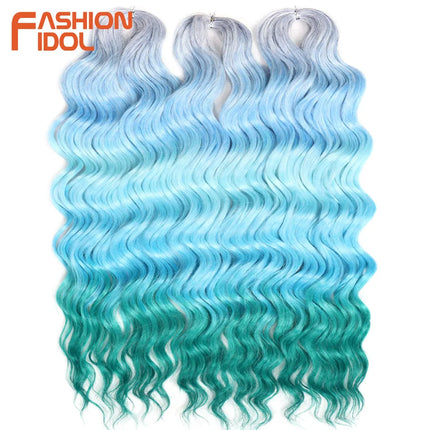 FASHION IDOL 24" 3pcs Deep Wave Curl Hair Synthetic Water Wave Braiding Hair Extensions Ombre Rainbow color Twist Crochet Hair