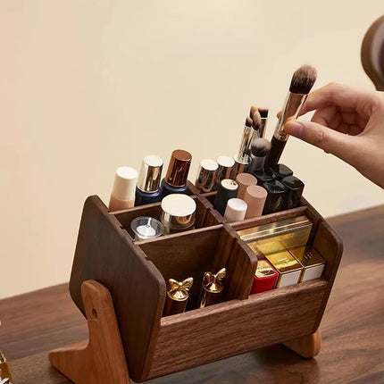 Walnut Cosmetic Organiser Desk-top Vanity Unit Lipstick & Eyeshadow Organiser Makeup Brush Holder Large Capacity Storage Rack