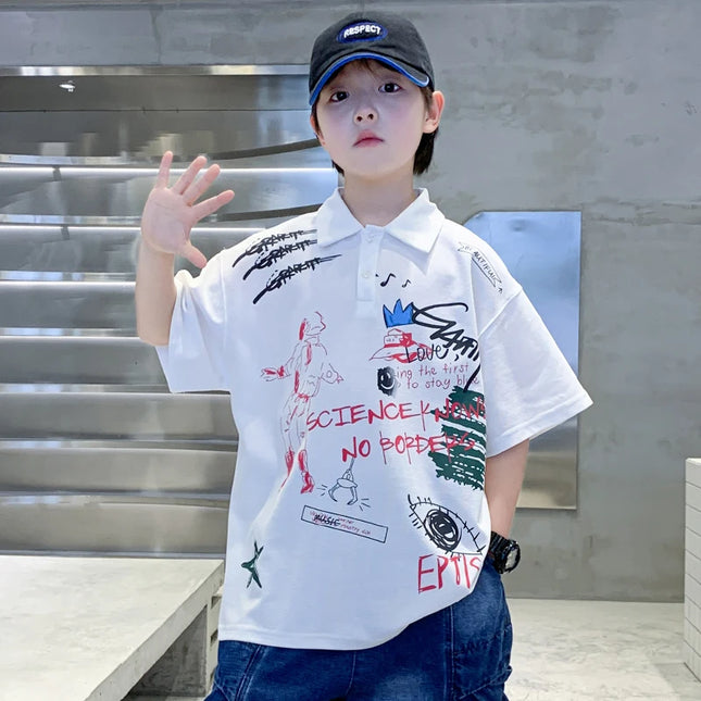 Fashion Kids Summer Short Sleeve Polo Shirt With Drawings Teens Boys Casual Outfits Clothes Baby Child Loose Cotton Polo Tshirt