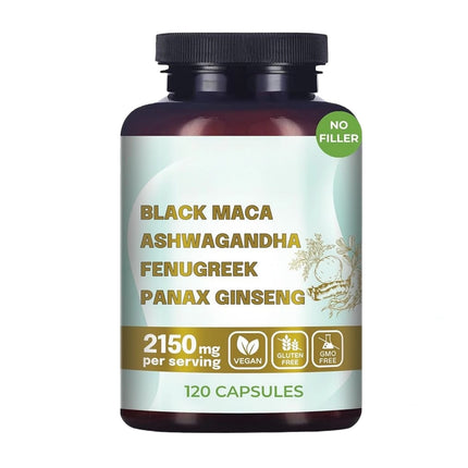 Original Black Maca Root, Ashwagandha, Panax Ginseng, Fenugreek Capsules, Male Enhancing Supplement Natural 4-in-1 Organic 18+