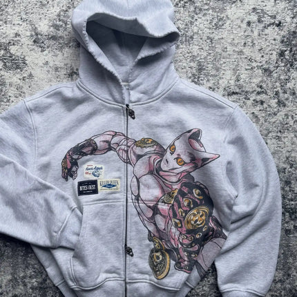 Spring Japanese Anime Printed Hooded Sweatshirt Men American Robot Classic Worn-out Loose Zipper Hooded Cardigan Couple Outfit