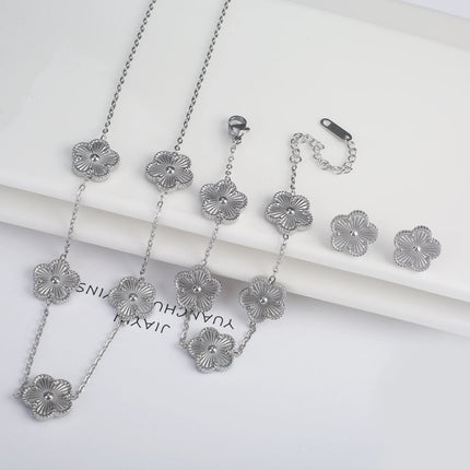 Simple 316L Stainless Steel Flower Five Leaf Necklace Bracelet Earrings 18K Gold Plated Jewelry Set For Women Girl Gift Clover