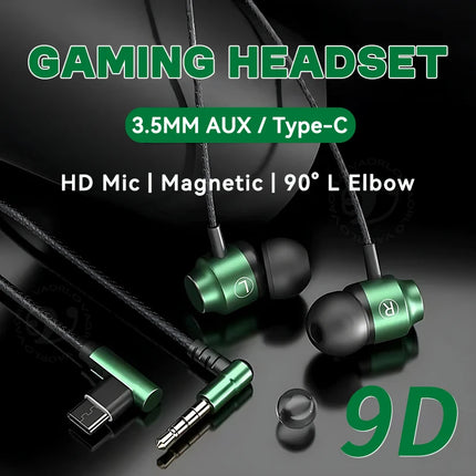9D HIFI Heavy Bass Game Earphones 3.5MM AUX/Type-C 90° L Elbow Metal Magnetic Music Earbuds With Mic In-Ear Headsets For Android