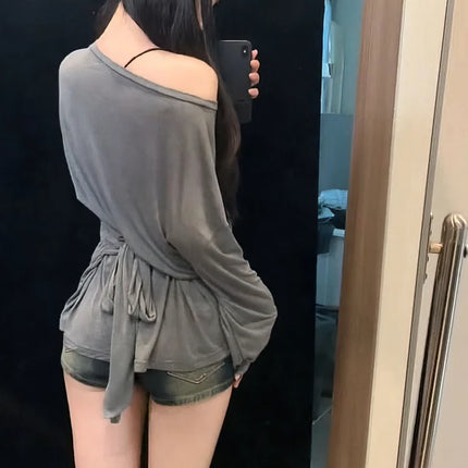 Sexy Thin See Through Long sleeve Oversize T shirt Women Bandage Off shoulder Top Female Basic Long Tees Korean Chic Lady New