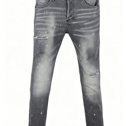 6058 Four Seasons New Men's Wash Grinding Hole Patch Paint Splash Ink Micro-bullet Leg Grey Jeans for Men