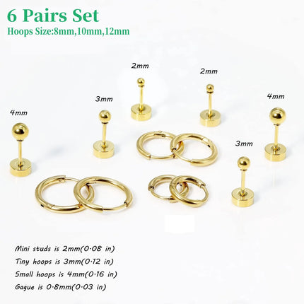 6 Pairs Earrings Sets for Multiple Piercing Small Huggie Hoop Earrings Flat Back Tiny Ball CZ Opal Pearl Stud Earrings for Women