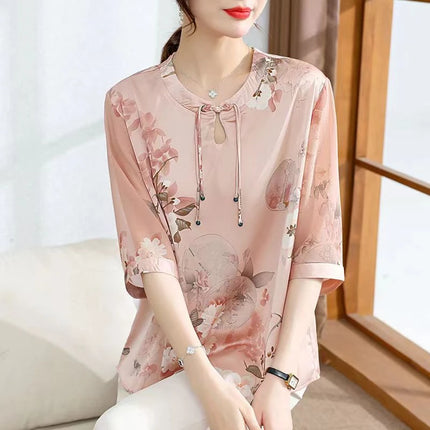 Women Button Summer Short Sleeved Silk Blouse Women's Elegant Loose Top Floral Retro Print New T-Shirt Plus Size Shirt Tops