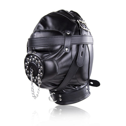 PU Leather Full Head Bondage Hood Mask Adjustable BDSM Headgear Blindfold with Chain Leash Role Play Costume Accessories