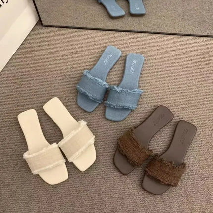 Vintage Summer Open Toe Weave Women Flats Slippers Shoes Concise Outdoor Beach Vacation Ladies Dress Slides