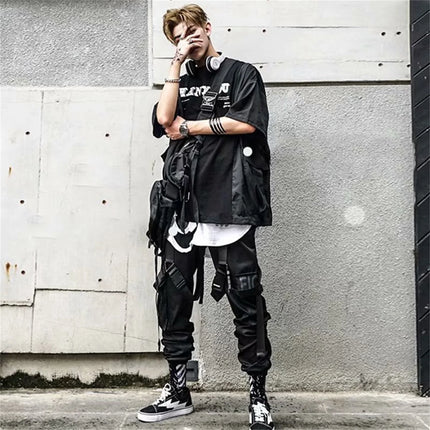 Men's Cargo Pants Casual Hip Hop Hit Color Multiple Pockets Trousers Streetwear Black Punk Ribbons Techwear Sweatpants Boys