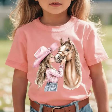 Girl Clothes Cute Girl Kisses Horse Print Summer Short Sleeve Casual Loose Kids Tops Outdoor Girls T-Shirt Children's Clothing