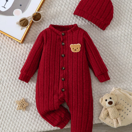 【Baby Boy】Autumn & Winter Red Onesie with Front Single-Breasted Buttons and Cute Bear Badge on Chest + Red Hat SetFeaturing a wa