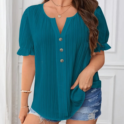 Plus Size Summer Women Elegant Solid Shirt Casual Fashion Notched V Neck Tops Office Lady Button Curve Clothing