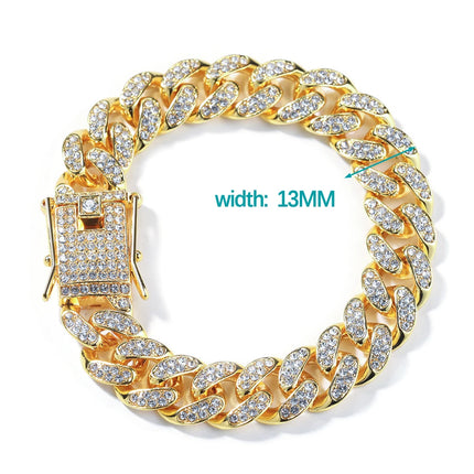 HipHop Men Women 13MM Prong Cuban Link Chain Bracelet Bling Iced Out 2 Row Rhinestone Paved Miami Rhombus Cuban Chain Jewelry