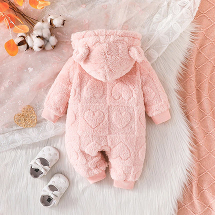 Pudcoco Baby Girls Winter Romper Solid Color Plush Hooded Long Sleeve Jumpsuits for Newborn Infant Toddler Fashion Clothes