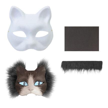 〔YS1〕3Pcs DIY Handmade Graffiti Half Face Mask Therian Mask Kit Blank Half Face Animal Cat Fox Mask Party Gifts