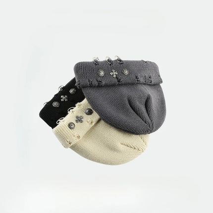 Street hip-hop retro cross ring perforated woolen hat for women, yuppie knitted melon skin hat, cold hat for men