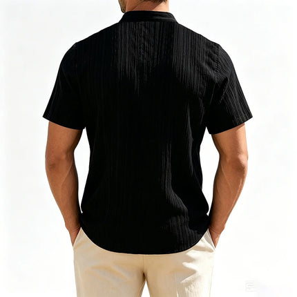 2026 New Men Vertical Wrinkle Textured Mandarin Collar Short Sleeve Button Shirt Loose Fit Summer Beach Travel Daily Casual Top