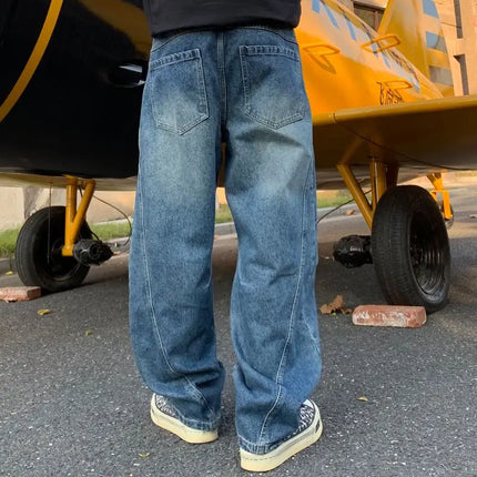 American Vintage Blue Small Curved Knife Casual Pants for Men, New Fall Loose Wide-Leg Long Pants