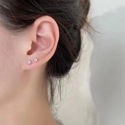 Classic Trendy Little Lucky Zircon Four Leaf Flower Stud Earrings for Women High Quality Stainless Steel Piercing Jewelry Gift