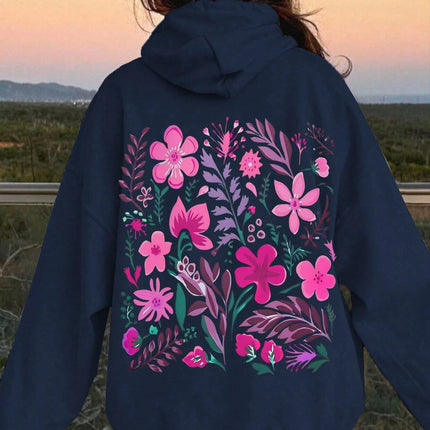 Pink Flower Printing Women Hoody Harajuku Loose Sweatshirt Fleece Warm Comfortable Hoodies Vintage Autumn Crewneck Woman Top