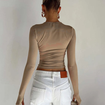 Basic Crewneck Casual Crop Tops for Women Y2K Solid Skinny Long Sleeve Slim Fit Stretchy Cropped Tees T-Shirts with Thumb Holes