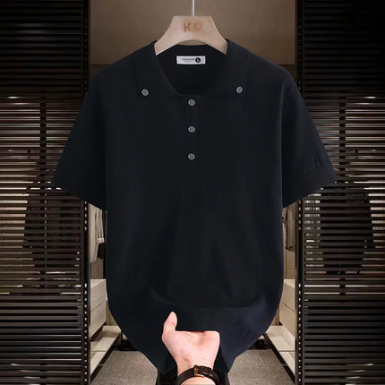 Men's Button Down Collar Knit Polo Shirt Short Sleeve Solid Color Casual Summer Tops Lightweight Business Tee