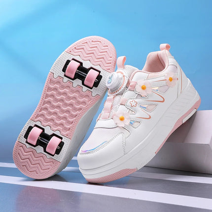 Girls Roller Skates Four-wheel Outdoor Shock-absorbing Casual Sports Shoes Soft Walking Comfortable Flat Wheel Shoes for Kids