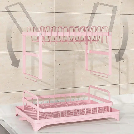 2-Tier Dish Drying Rack with Rotating Drain Spout, Rustproof Heavy-Duty Dish Rack with Utensil Holder, Space-Saving