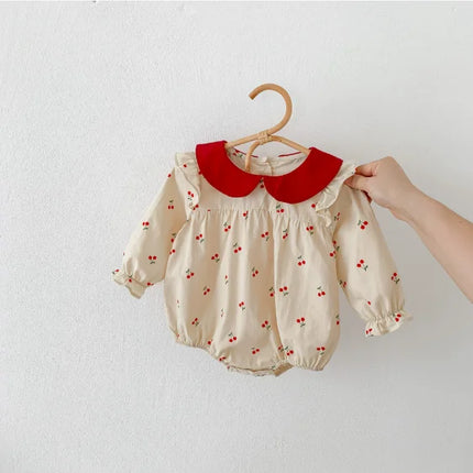 7397 Baby Princess Romper Cherry Printed Longsleeve Cotton Jumpsuit Baby Clothes Infants Outfit