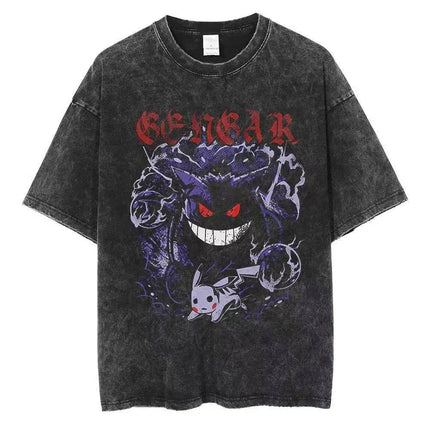 2026 Anime Washed Vintage Summer Pokemon Gengar Short Sleeve Tee Graphic T-Shirt Man Women Cosplay Casual Tops Y2k Streetwear