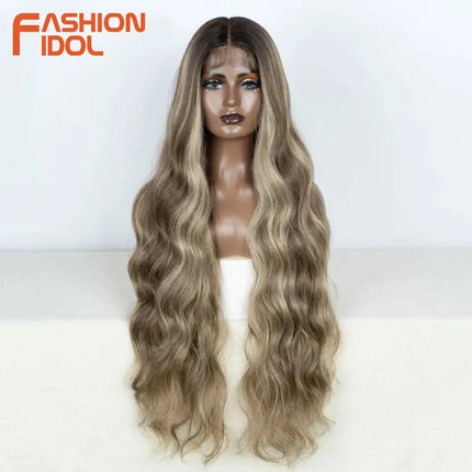 FASHION IDOL 36inch/90cm Body Wavy Lace Wigs Synthetic High Temperature Fiber Ombre Blonde Natural Hair Lace Front Wigs Cosplay