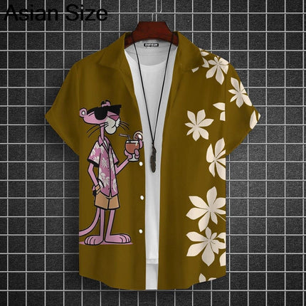 Cartoon Leopard Graphic Men Short Sleeve Lapel Shirt Tops Unisex Pink Button-Down Hawaiian Shirts Summer Daily Female Blouses