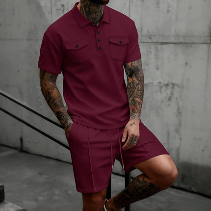 Summer Men's Waffle Knit 2 Piece Outfit Short Sleeve Polo with Pockets & Casual Shorts Set