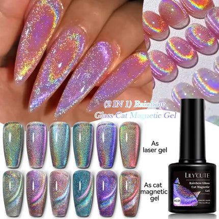 LILY’CUTE 7ml Ultra Shine Cat Eye Nail Polish Rainbow Laser Dual Beam Crystal Nail Gel Varnishes Soak Off Semi Permanent UV Gel