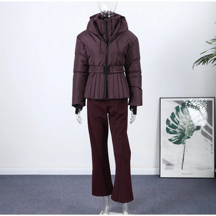 Women Peplum Ski Jackets Hooded Stand Collar Belt Waist Zipper Solid Puffer Jacket Fashion Sheath Warm Sport Winter 2025 Skiwear
