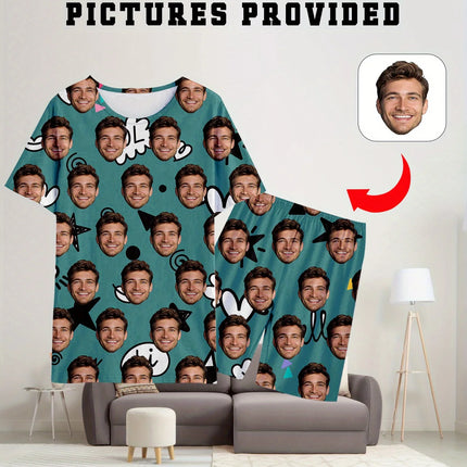 Men's Women's Facial Printed T-Shirt Shorts Set Personal Photo Customize Pajamas Comfortable Loose Home Set Valentine's Day Gift