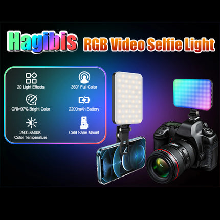 LED Video light, 2500K-6500K RGB selfie light, iPhone-CRI 97+, 2200mAh camera light, 3CCT/RGB 360° full color /20 lighting effec