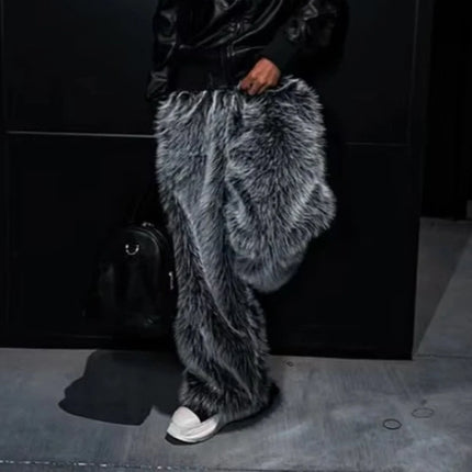 American Street Knitted Plush Pants, Loose Fitting Men's and Women's Couple Style Long Hair Pants, Thick Autumn and Winter Warm
