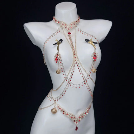 Ruby Red Sexy Body Chain Chest Chain Collar Waist Chain Nipple Clamps Nipple Stimulation Women's Wear Adult Toy SM Training Tool