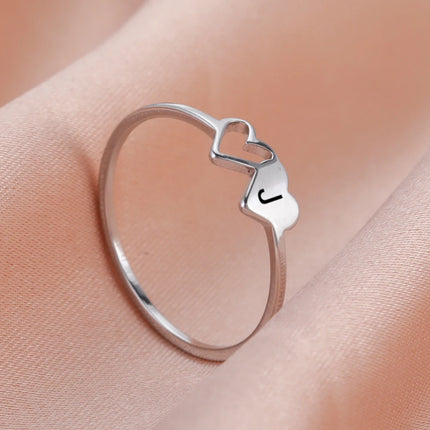 COOLTIME Initial Letter Ring for Women Stainless Steel A-Z Alphabet Double Heart Rings Fashion Wedding Anniversary Birthday Gift