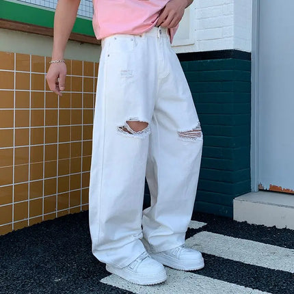 2026 Trendy Brand White Ripped Wide-Leg Jeans for Men Loose Straight-Leg Casual Cool Style