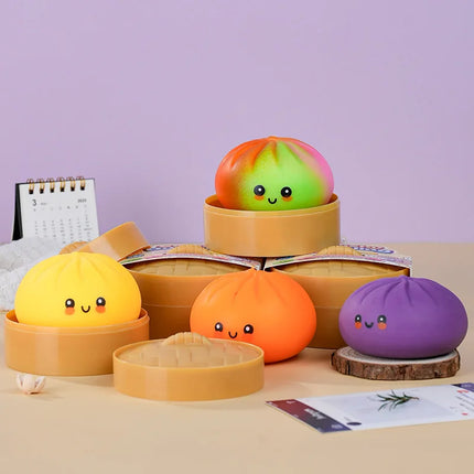 Colorful Dumpling Squishes Blind Box Stress Balls Fidget Sensory Toys Simulation Food Squishies Bun with Steamer Squeeze Toy