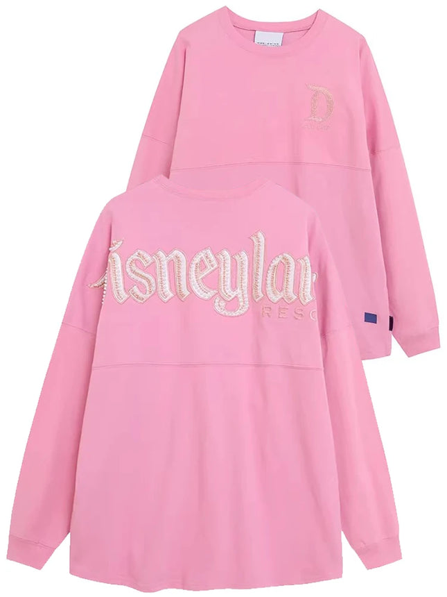 Disney World Letter Cartoon Print Embroidery Flares Pearl Pink Sweatshirt Sweet Women Long Sleeve Loose Jumper Tops Female