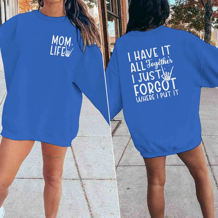 "Mom Life" Graphic Sweatshirts Forgot Where I Put It Funny Graphic Pullover Top Skeleton Hand Design Casual Women's Sweater