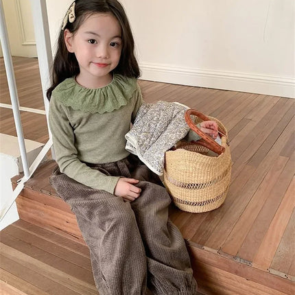 1-12 Years Long-Sleeved Shirts Children's Spring Knitted Tops Baby's Lace 2025 Lace Base Shirt Korean Girls Ruffle Collar T-shirt
