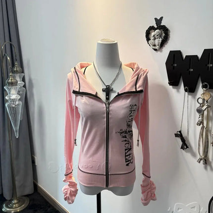 Harajuku Y2k Gothic Hooded Coat Women 2025 Autumn New Casual All-match Jackets Subcultural Japanese Black Tops Mujer Sweatshirt